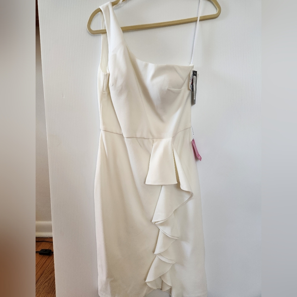 Betsy & Adam White Ruffle Dress, One Shoulder, NWT Size 8